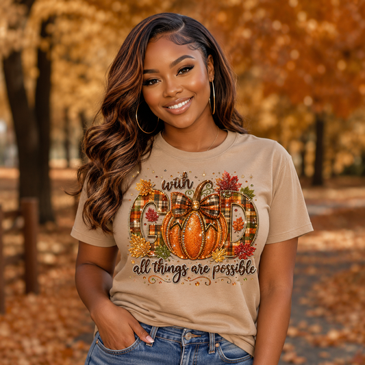 With God All Things Are Possible Pumpkin T‑Shirt — Fall Plaid Pumpkin Faith Tee