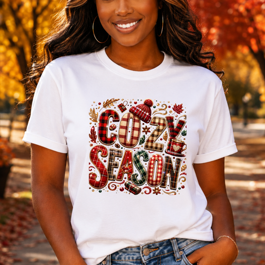 Cozy Season T-Shirt — Plaid Winter Holiday Graphic