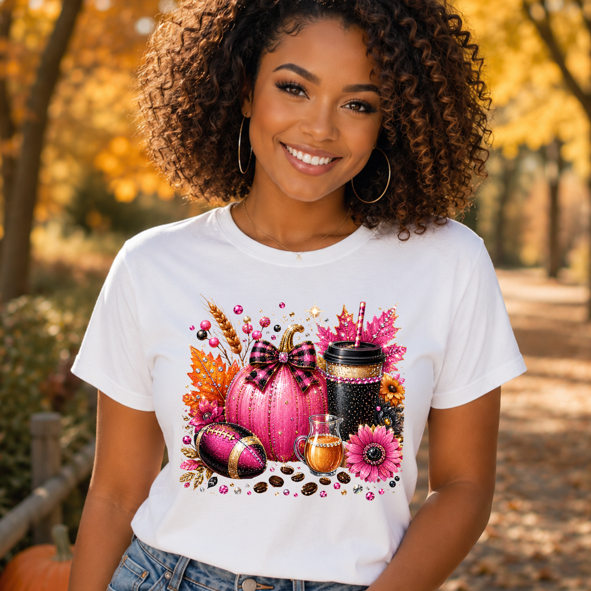 Fall Pink Pumpkin Coffee T-Shirt — Autumn Floral Pumpkin Design