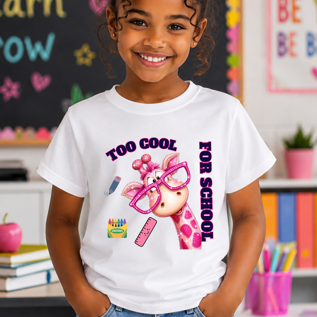 Kids Tee — "Too Cool for School" Giraffe Back-to-School Shirt