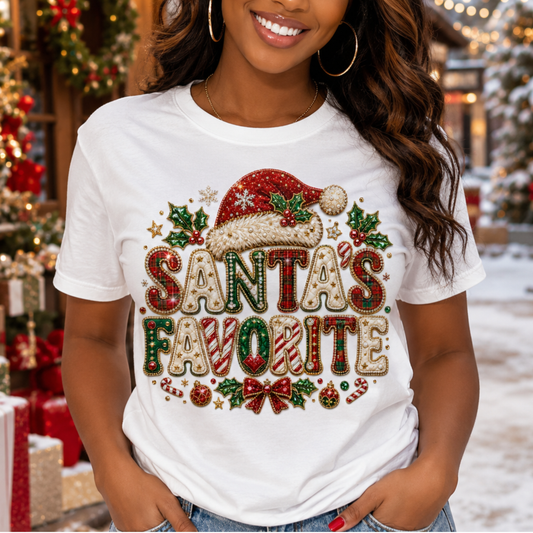 Santa's Favorite T-Shirt — Festive Christmas Graphic Tee with Santa Hat & Holiday Accents