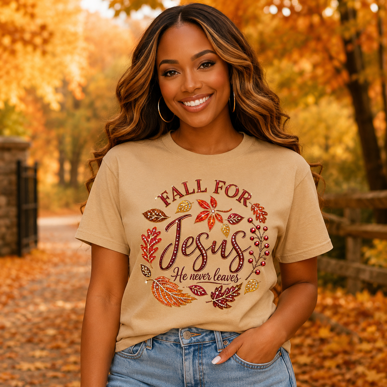 Fall For Jesus T-Shirt – Autumn Leaves Christian Tee (He Never Leaves)