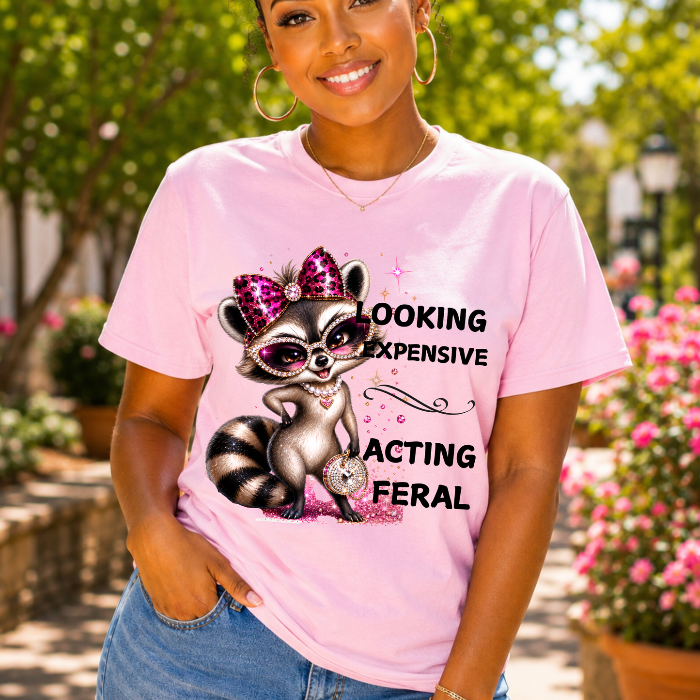 Raccoon Graphic Tee — "Looking Expensive, Acting Dishevelal" Cute Bling Animal Shirt