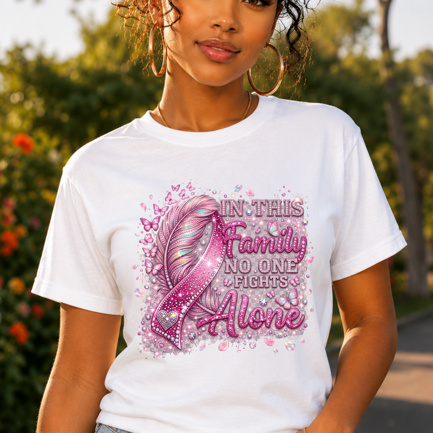 Breast Cancer Support T-Shirt — “In This Family No One Fights Alone” Pink Ribbon Design