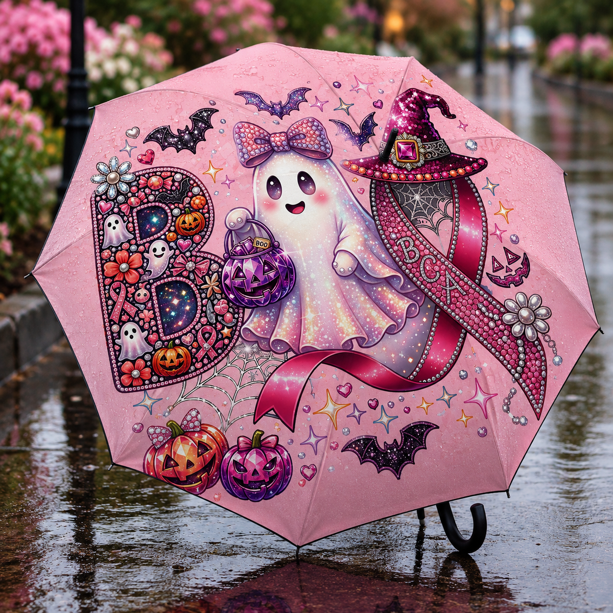 Pink Halloween Umbrella — Cute Ghost & Sugar Skull Foldable Umbrella