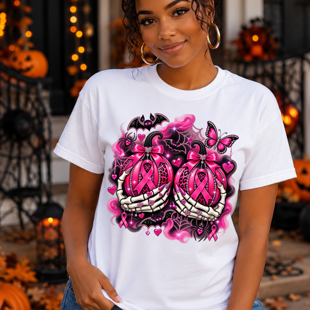 Breast Cancer Awareness Ribbon Tee — Pink Ribbon Gothic Bat & Butterfly Design