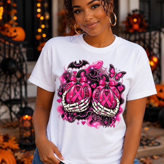 Breast Cancer Awareness Ribbon Tee — Pink Ribbon Gothic Bat & Butterfly Design