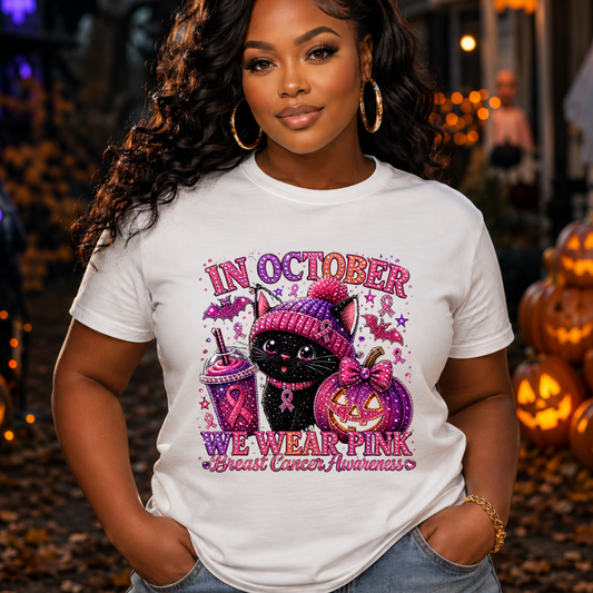 October Breast Cancer Awareness Cat Tee — "In October We Wear Pink"