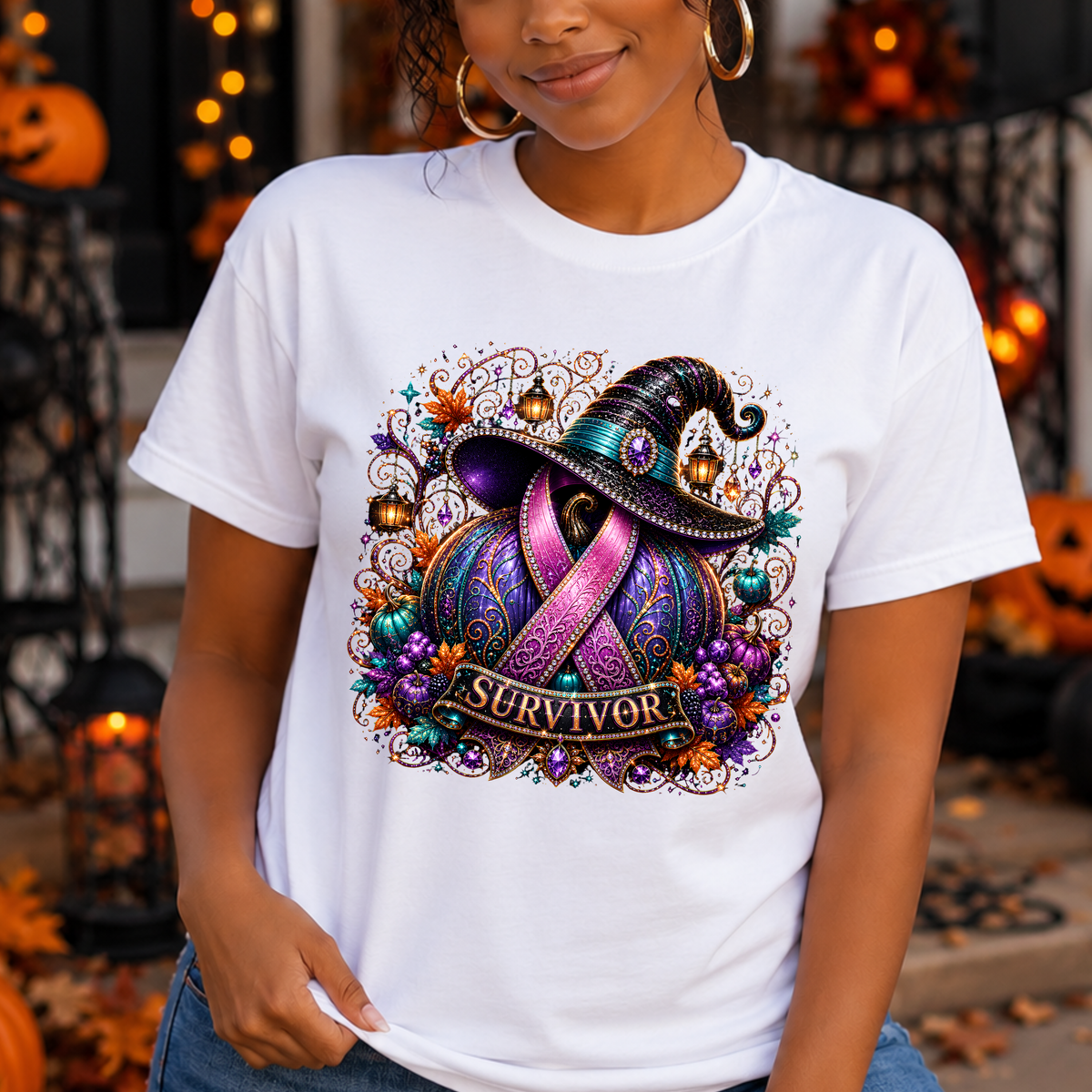 Survivor Witch Hat T-Shirt — Breast Cancer Awareness Ribbon Halloween Tee