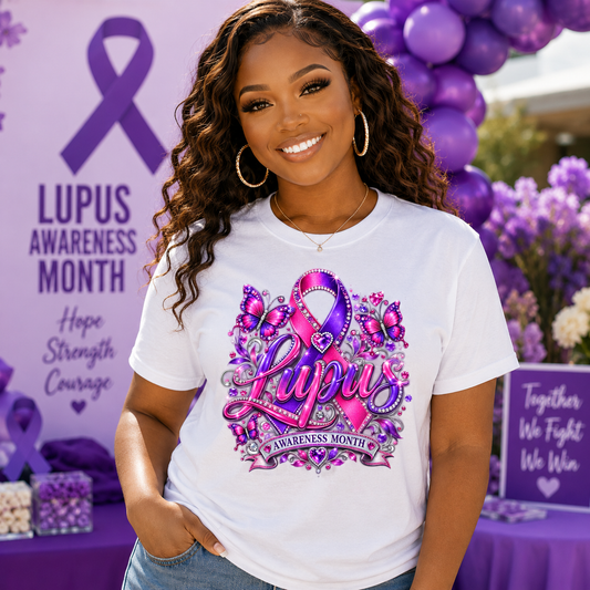 Lupus Awareness T-Shirt — Purple Ribbon & Butterflies Empowerment Tee