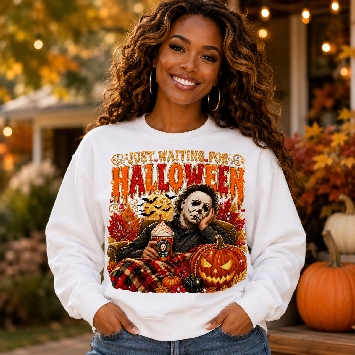 Halloween Crewneck Sweatshirt — "Just Waiting for Halloween" Horror Movie Pumpkin Design