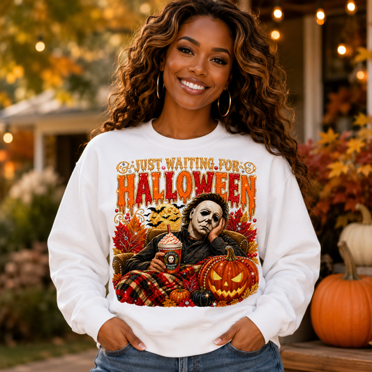 Halloween Crewneck Sweatshirt — "Just Waiting for Halloween" Horror Movie Pumpkin Design