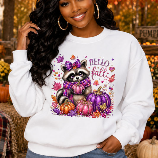 Fall Raccoon Sweatshirt – "Hello Fall" Pumpkin & Leaves Cozy Crewneck