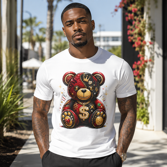 Luxury Crown Bear Graphic T-Shirt — Money Patchwork Teddy Design