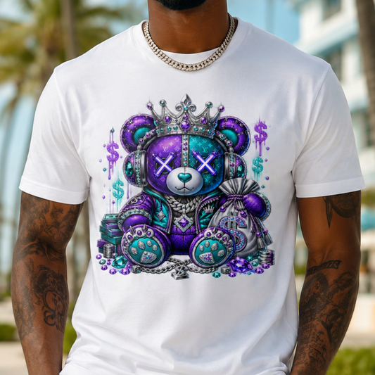Voodoo Crown Teddy Graphic Tee — Neon Purple Streetwear Bear Shirt