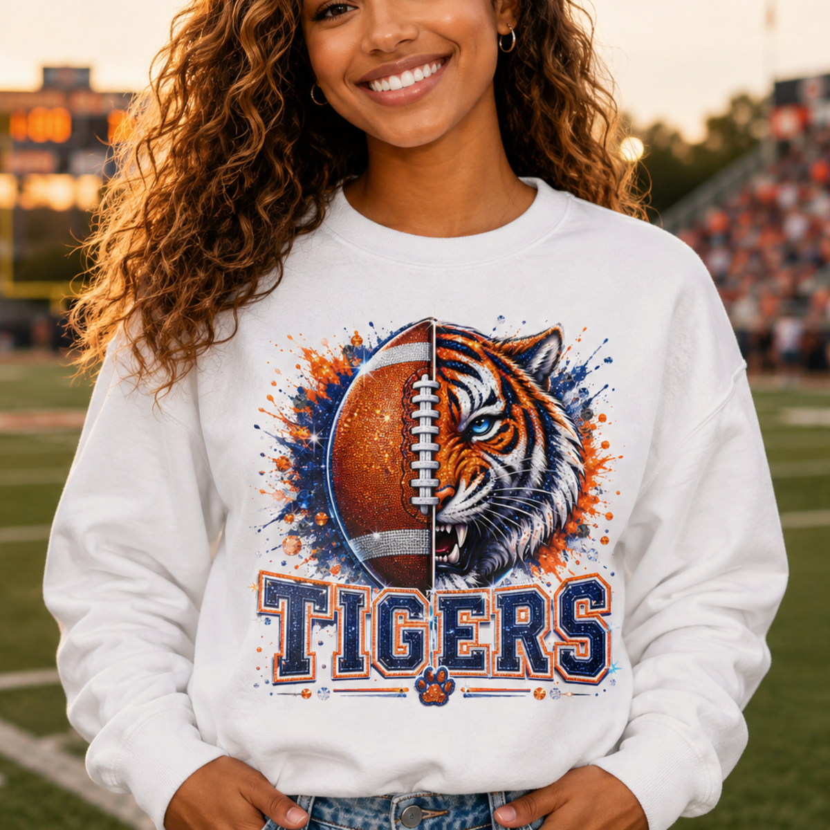 Tigers Football Crewneck Sweatshirt — Split Tiger & Football Graphic