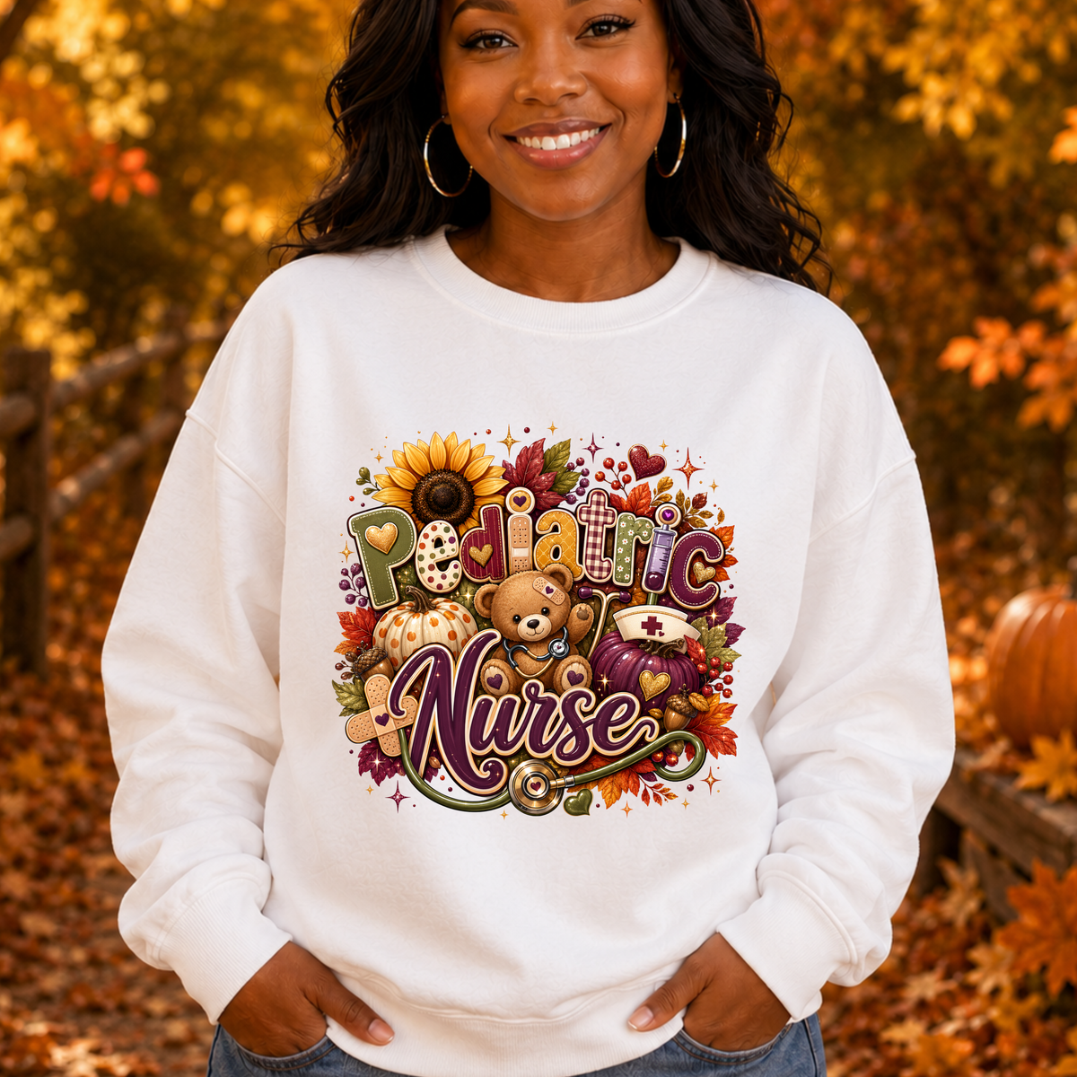 Pediatric Nurse Fall Crewneck Sweatshirt – Cozy Autumn Teddy Bear & Sunflower Design