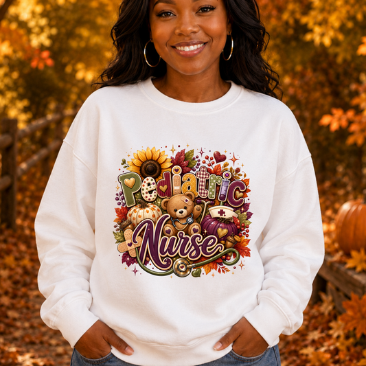 Pediatric Nurse Fall Crewneck Sweatshirt – Cozy Autumn Teddy Bear & Sunflower Design