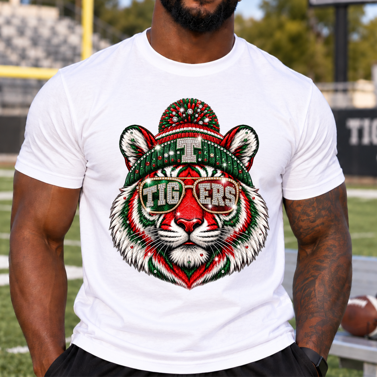 Tiger Face Holiday Beanie T-Shirt — 'TIGERS' Sunglasses Graphic