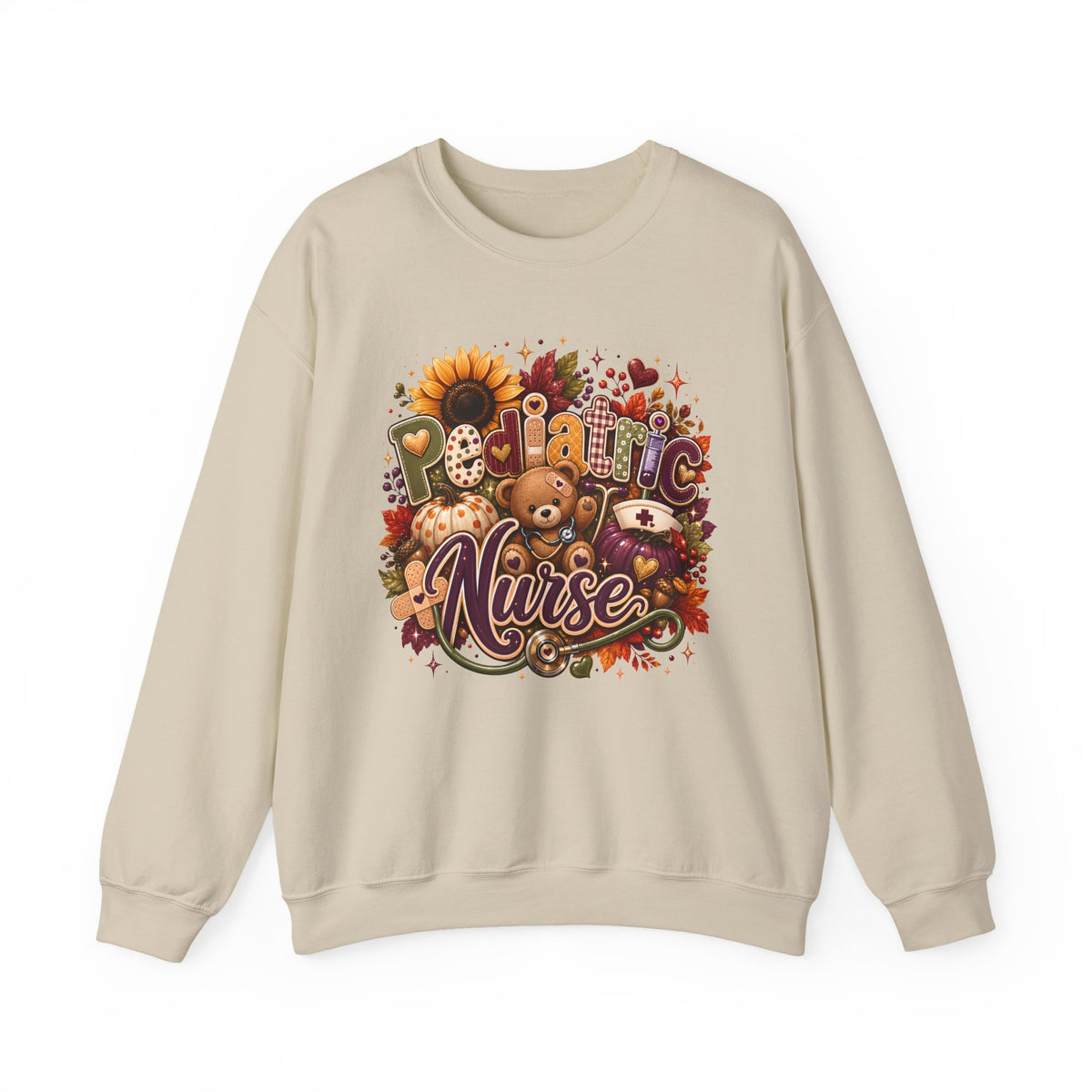 Pediatric Nurse Fall Crewneck Sweatshirt – Cozy Autumn Teddy Bear & Sunflower Design