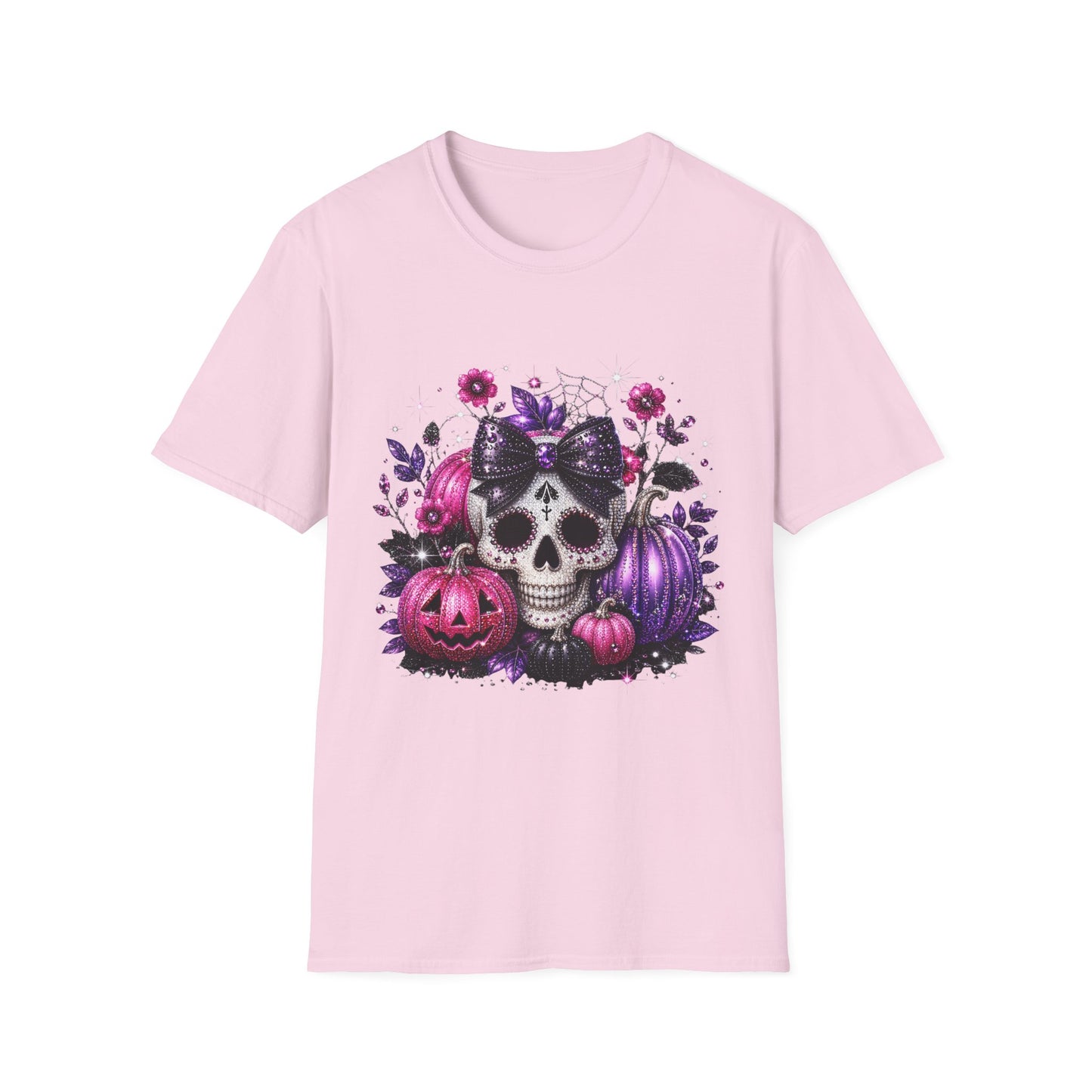 Sugar Skull Halloween T-Shirt — Pink & Purple Floral Skull with Pumpkins