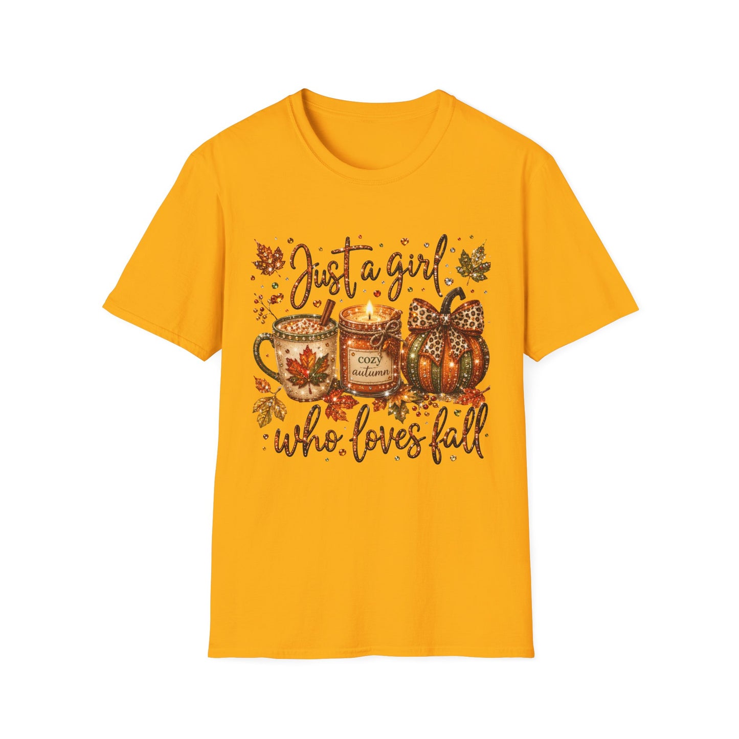 Just a Girl Who Loves Fall T-Shirt — Autumn Pumpkin & Cozy Mug Tee