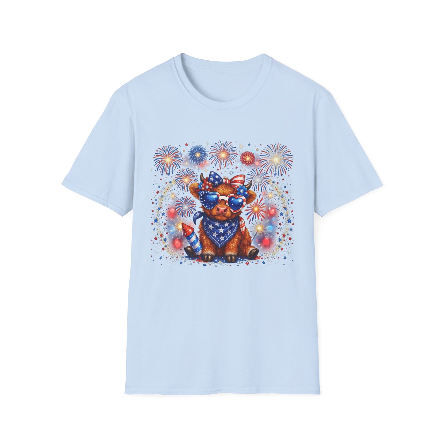 Cow Cute Fourth of July T-Shirt — Patriotic Cow with Stars, Bandana & Fireworks
