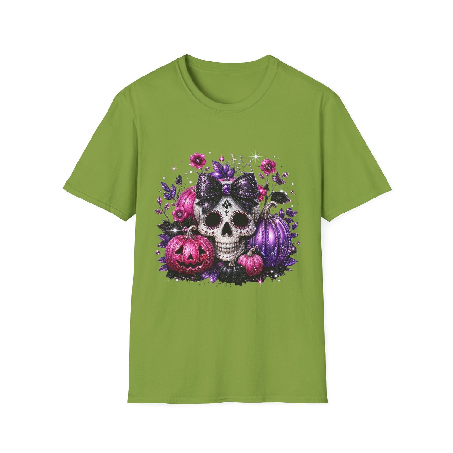 Sugar Skull Halloween T-Shirt — Pink & Purple Floral Skull with Pumpkins