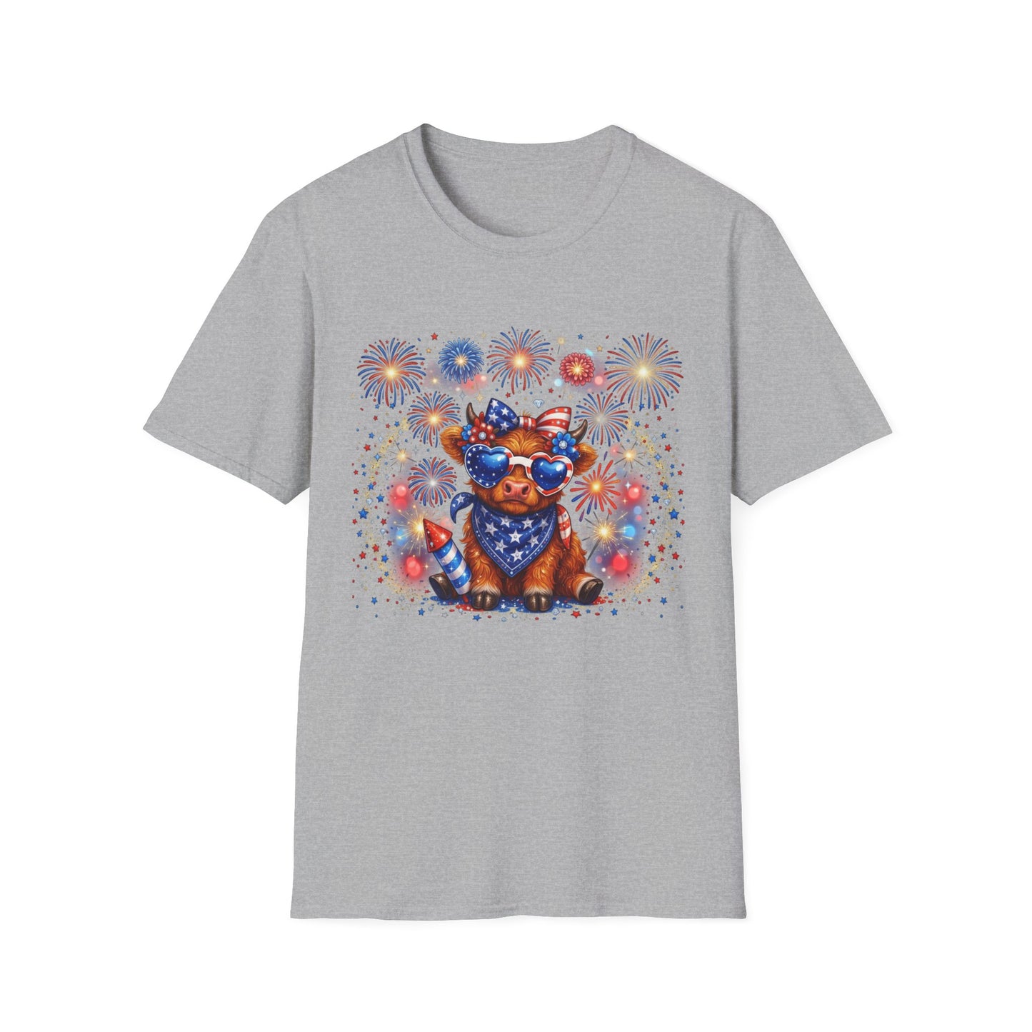 Cow Cute Fourth of July T-Shirt — Patriotic Cow with Stars, Bandana & Fireworks