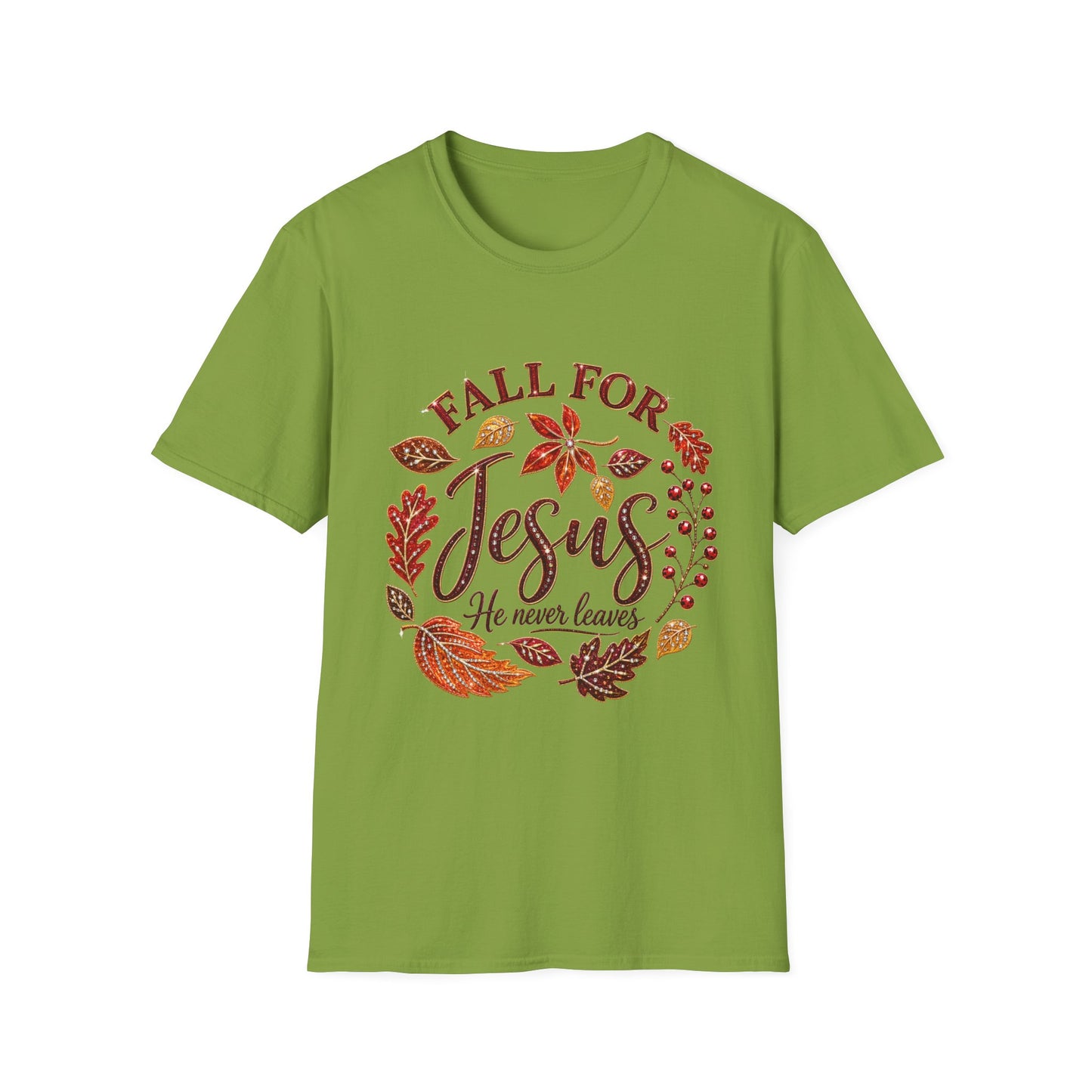 Fall For Jesus T-Shirt – Autumn Leaves Christian Tee (He Never Leaves)