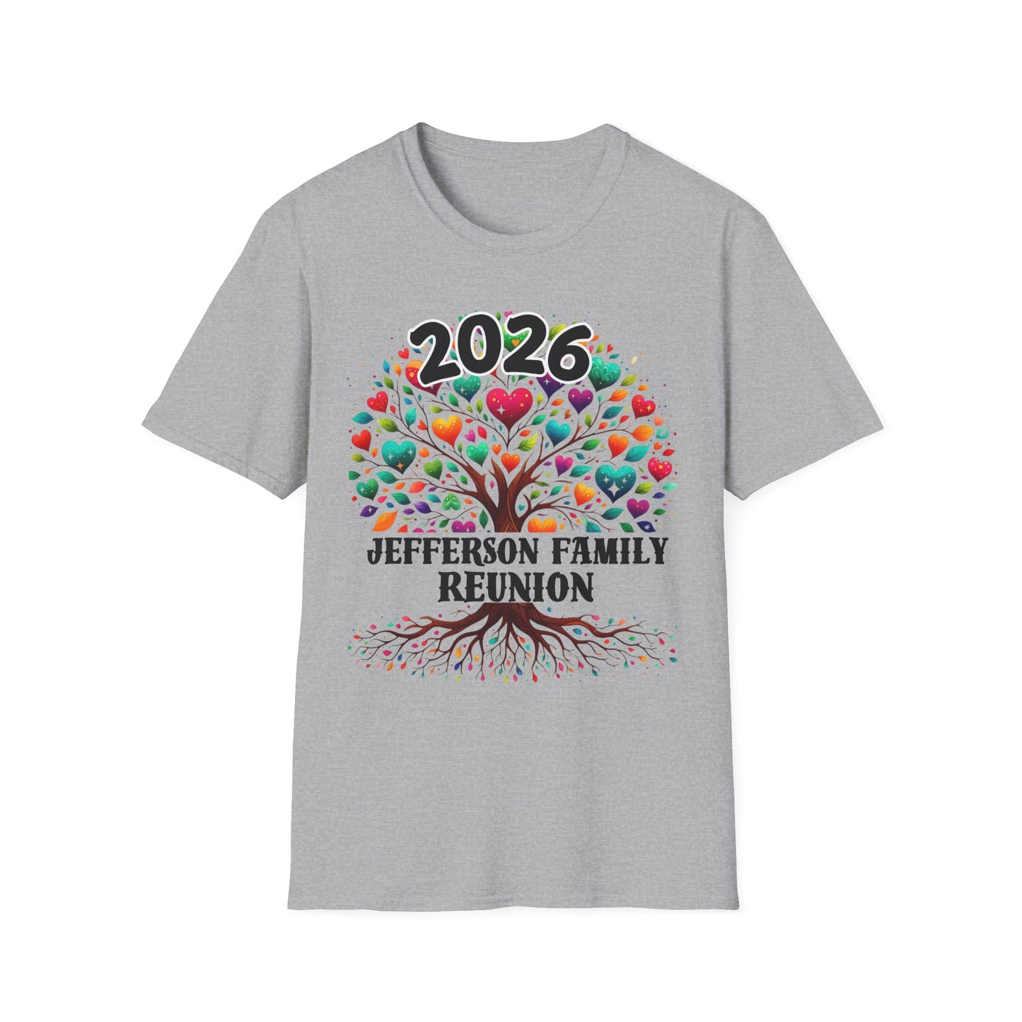 2026 Family Reunion T-Shirt — Colorful Heart Tree Personalized Tee