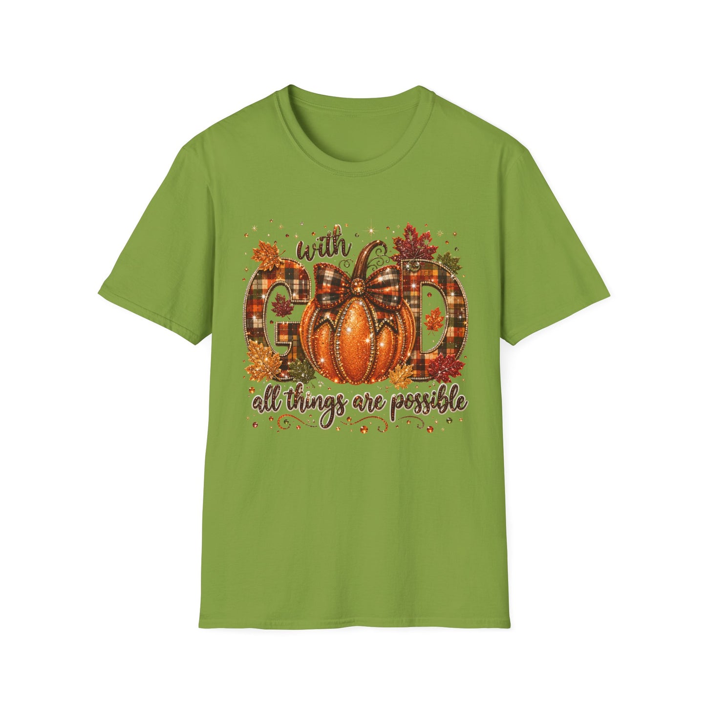 With God All Things Are Possible Pumpkin T‑Shirt — Fall Plaid Pumpkin Faith Tee
