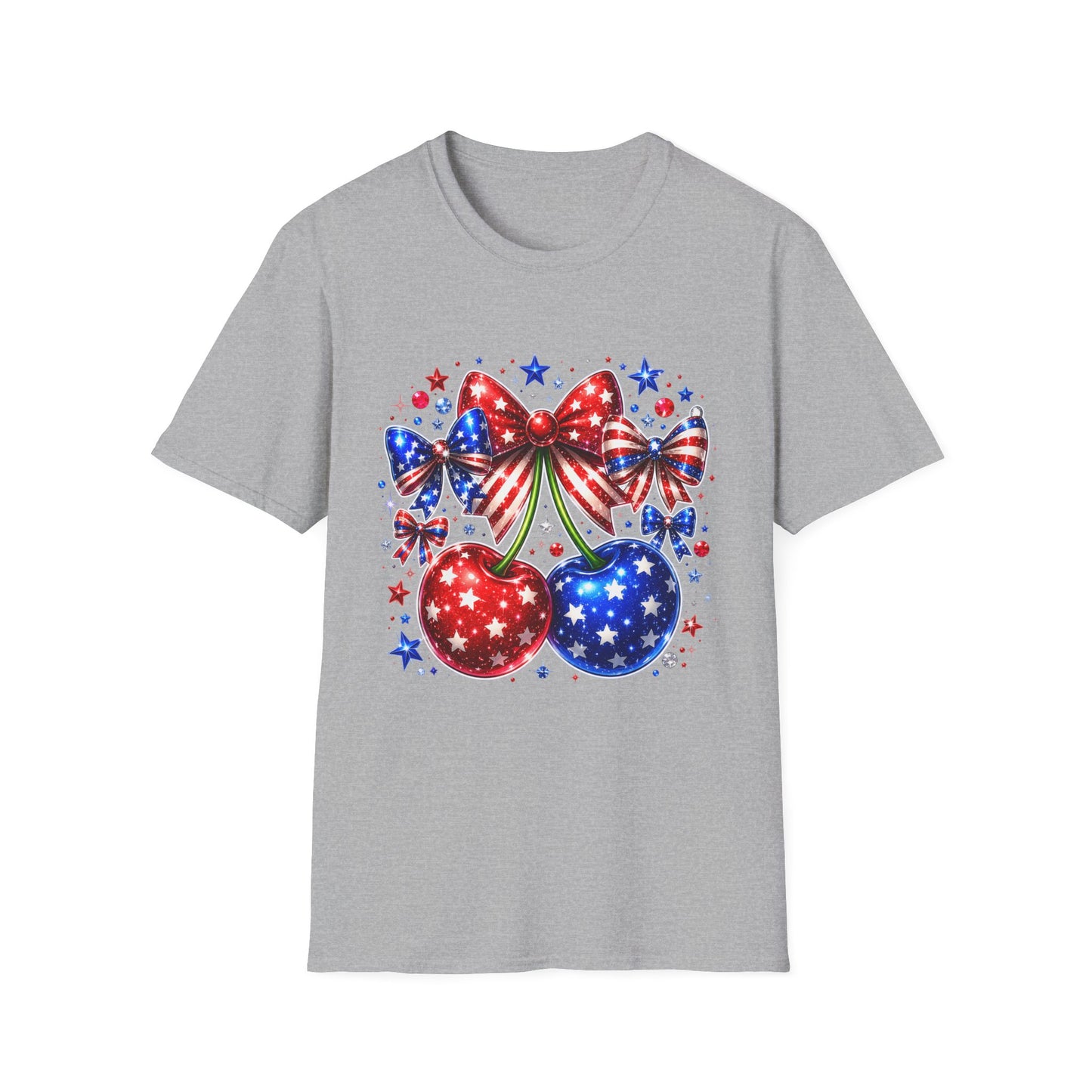 Patriotic Bow & Cherries T-Shirt — American Flag Stars Fourth of July Tee