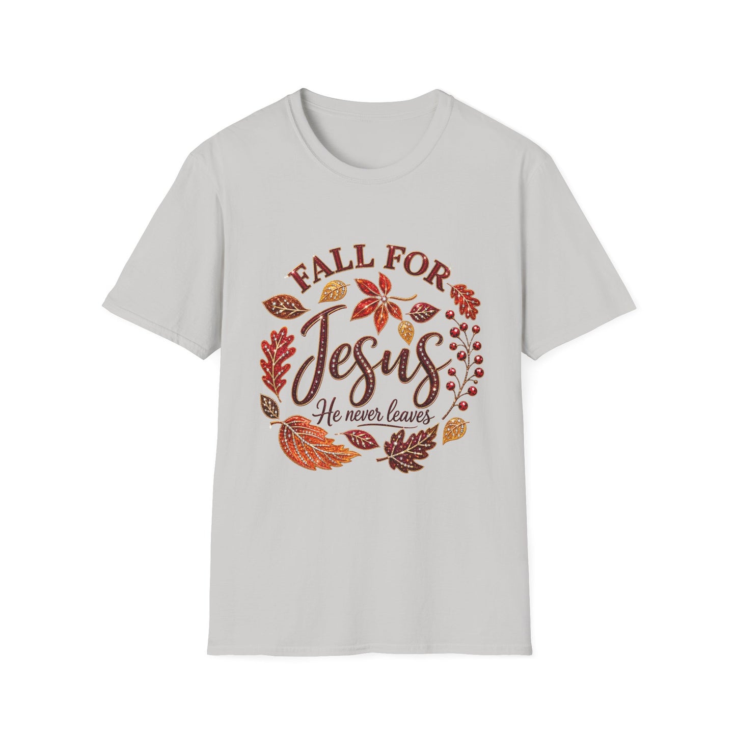 Fall For Jesus T-Shirt – Autumn Leaves Christian Tee (He Never Leaves)
