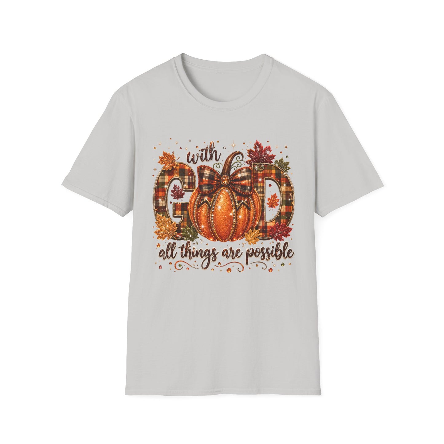 With God All Things Are Possible Pumpkin T‑Shirt — Fall Plaid Pumpkin Faith Tee