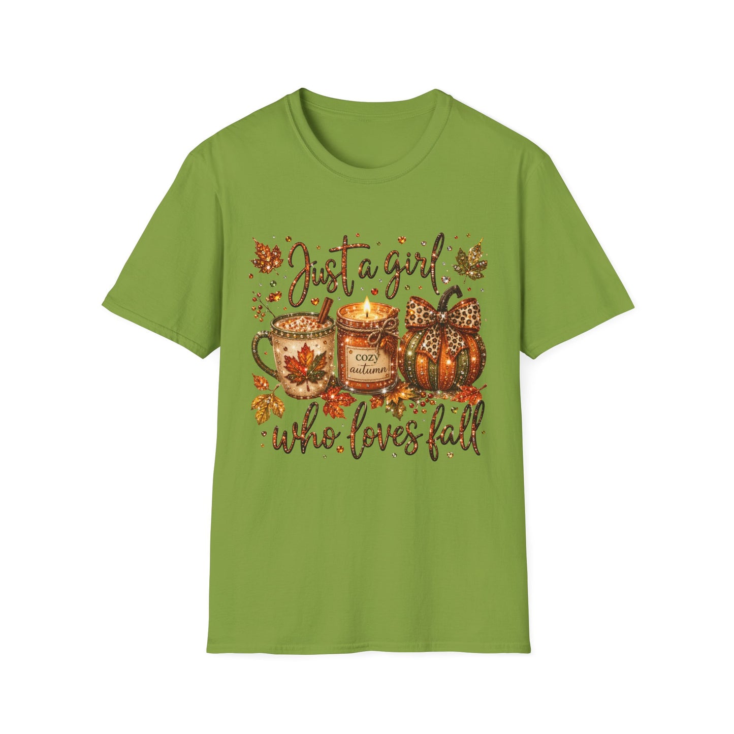 Just a Girl Who Loves Fall T-Shirt — Autumn Pumpkin & Cozy Mug Tee