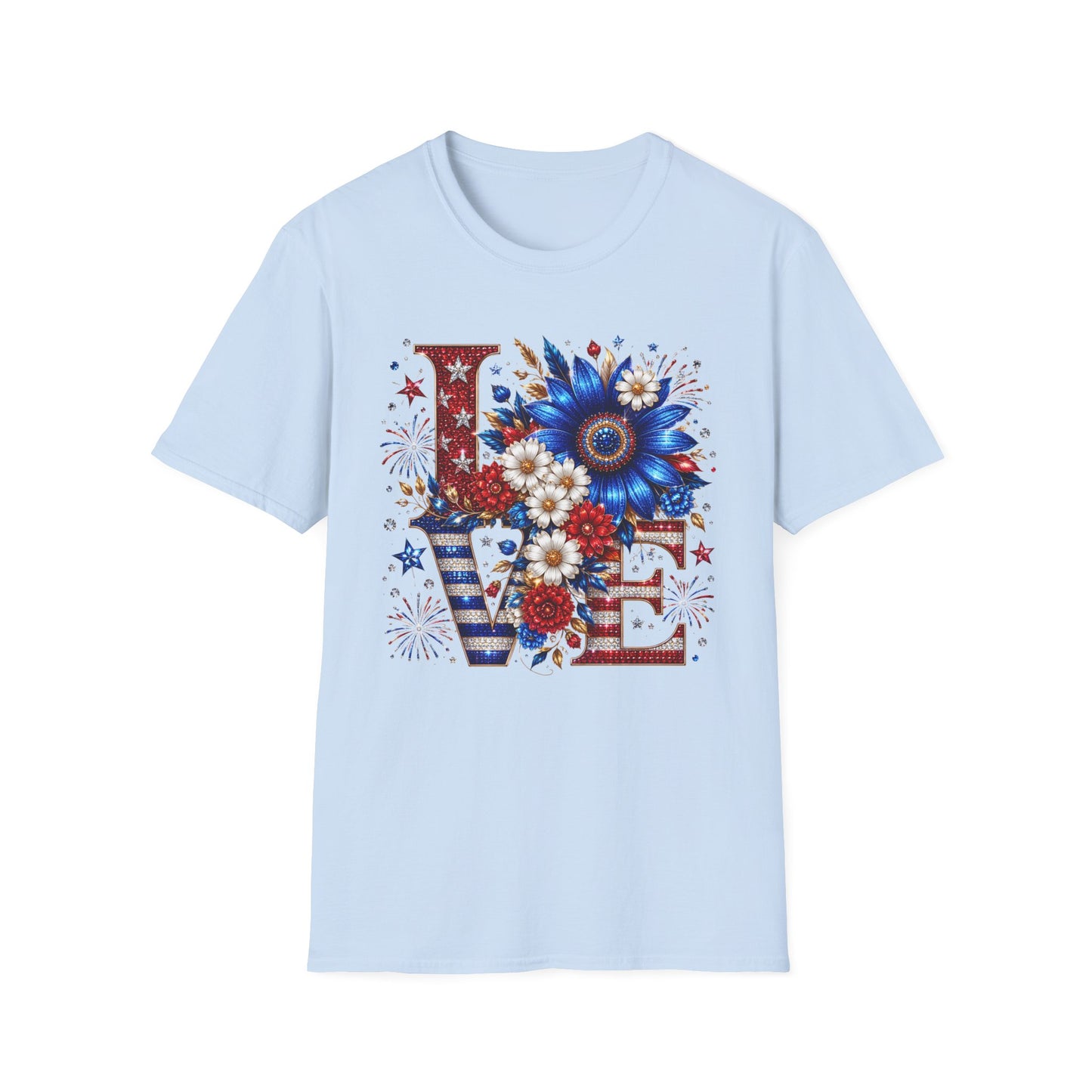 Patriotic 'LOVE' Floral T-Shirt — Red, White & Blue Sunflower Design