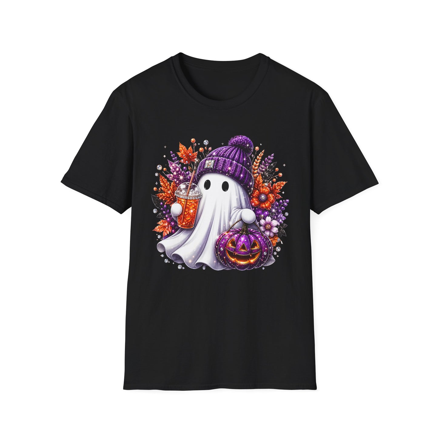 Ghost with Beanie Halloween T-Shirt – Cute Cozy Ghost Holding Pumpkin & Drink
