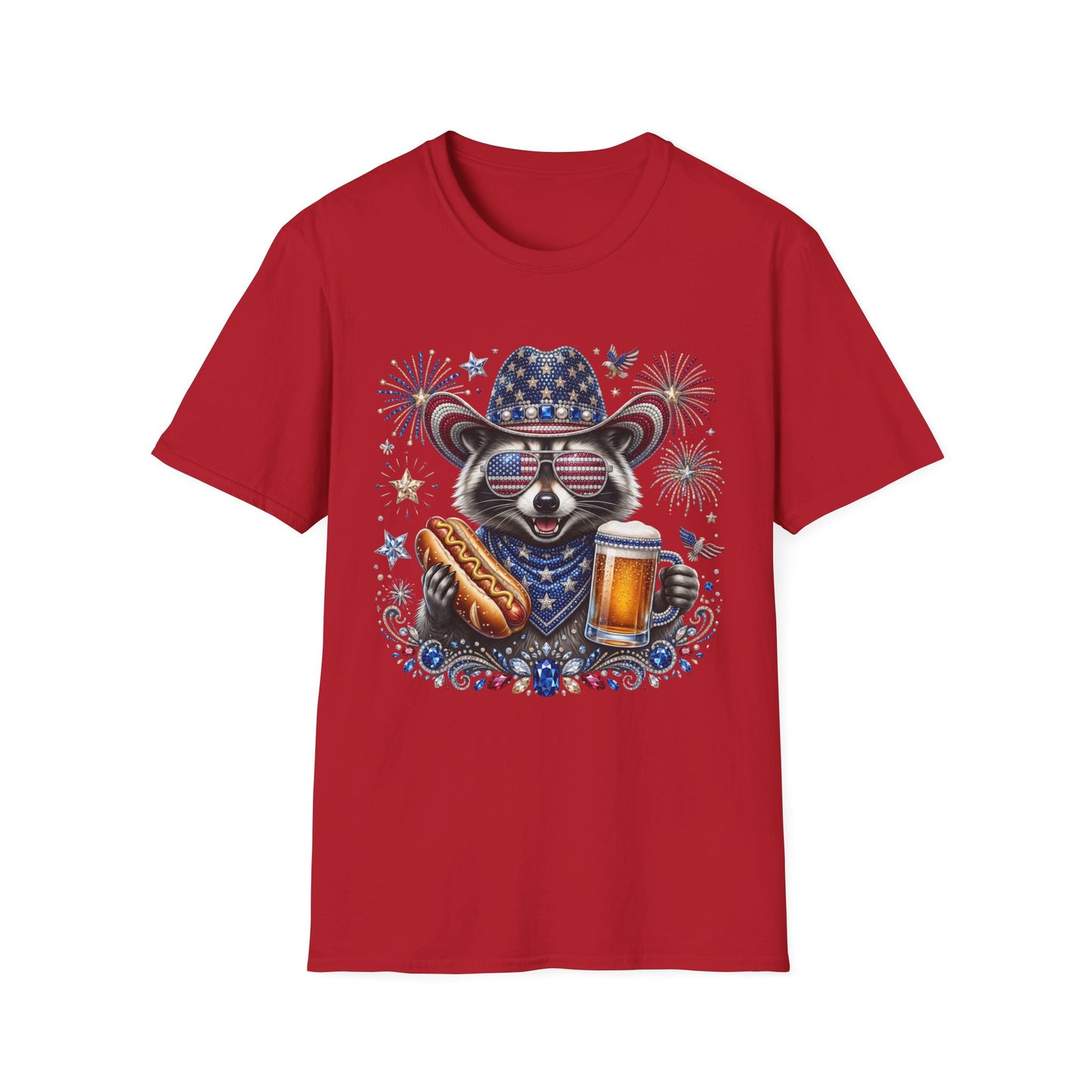 Raccoon Patriotic T-Shirt — USA Flag Hat & Sunglasses Fourth of July Tee