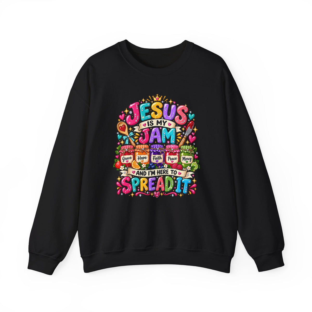 Crewneck Sweatshirt — "Jesus Is My Jam" Colorful Christian Graphic