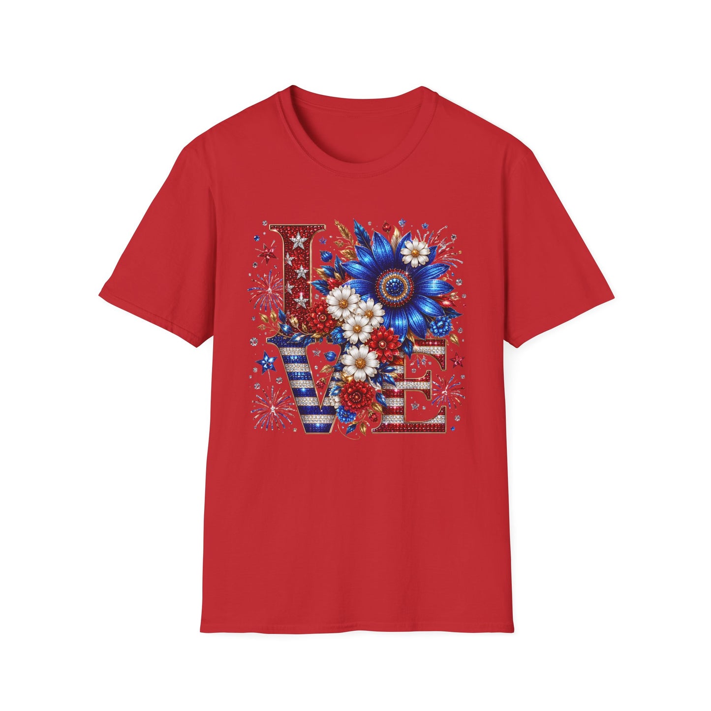 Patriotic 'LOVE' Floral T-Shirt — Red, White & Blue Sunflower Design