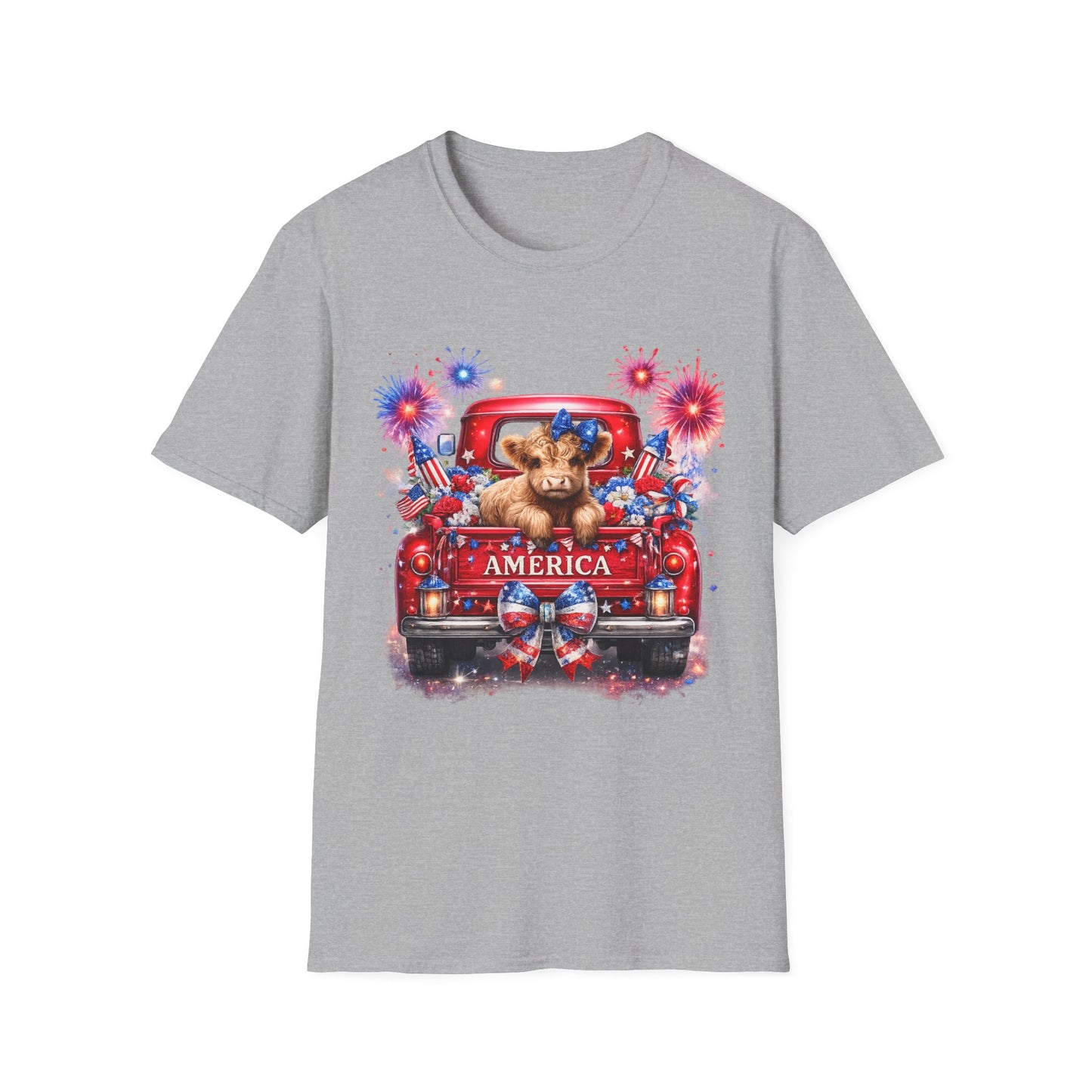 Fourth of July Highland Cow T-Shirt — Cute American Flag Truck Patriotic Tee