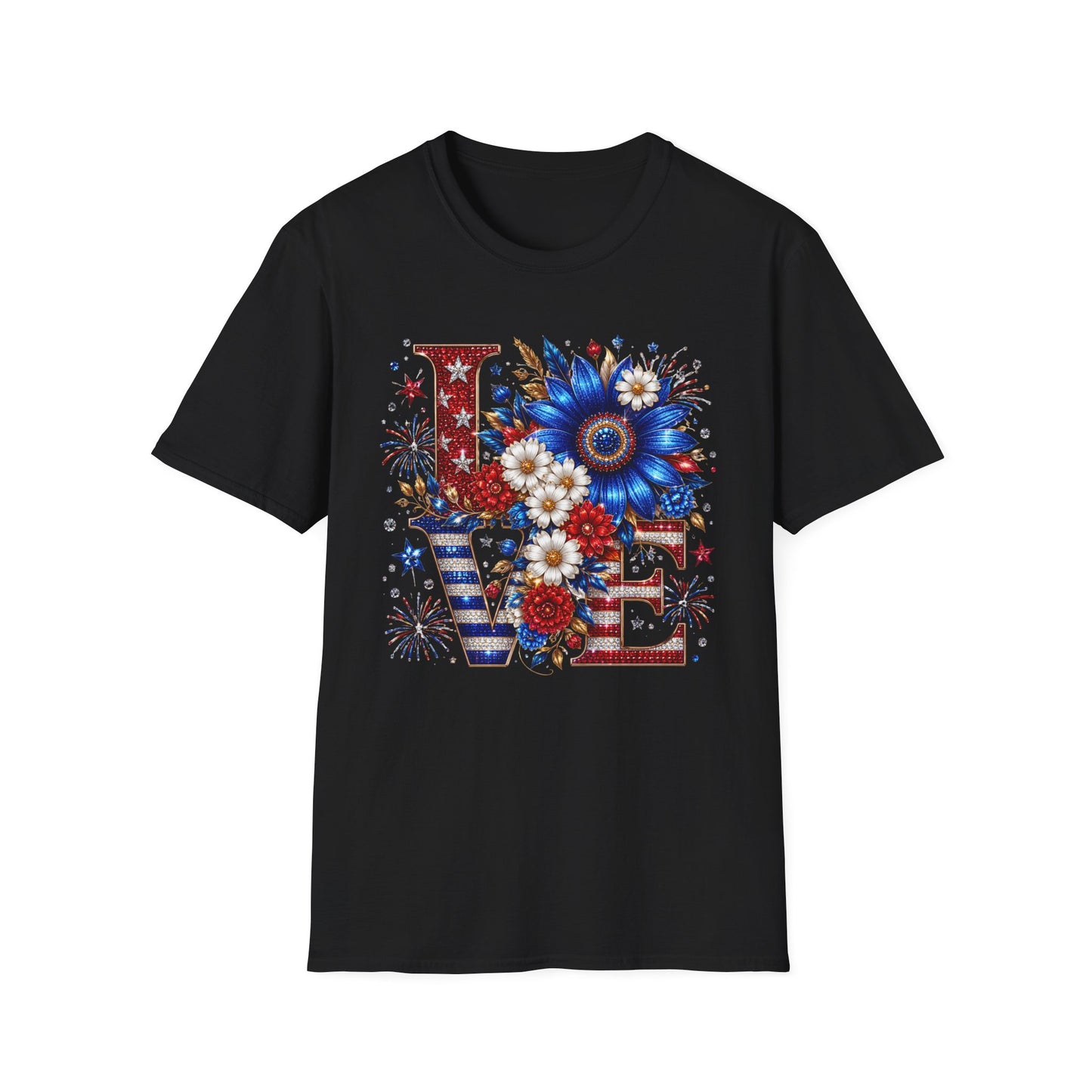 Patriotic 'LOVE' Floral T-Shirt — Red, White & Blue Sunflower Design