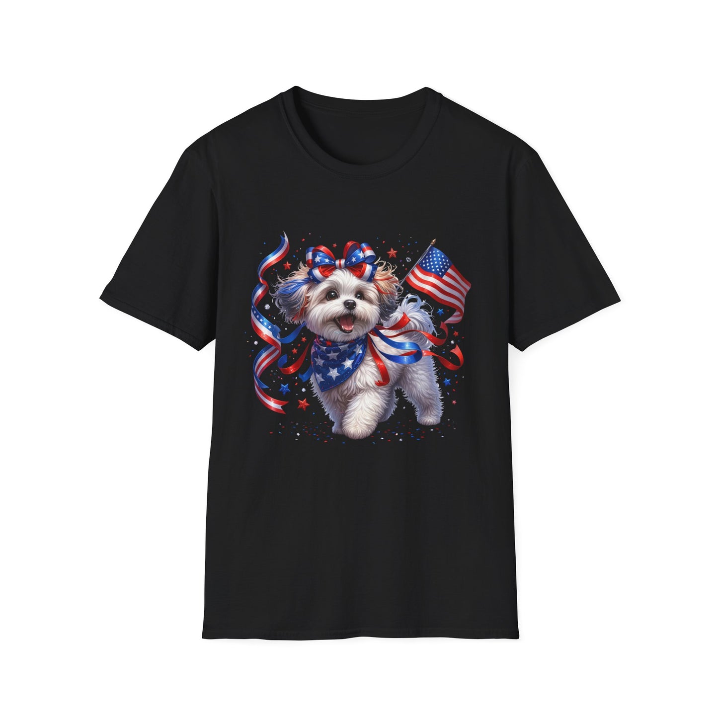 Patriotic Puppy T-Shirt – American Flag Dog with Ribbon Bow (Fourth of July Tee)