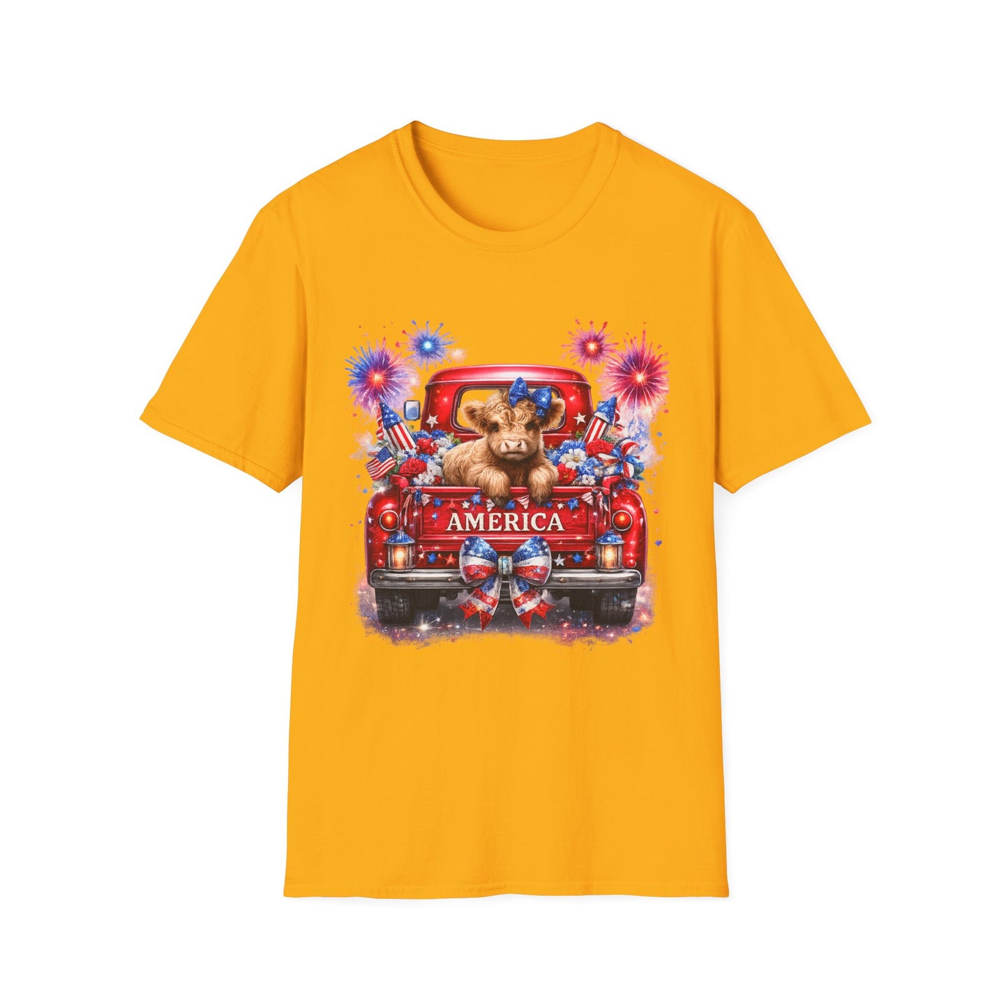 Fourth of July Highland Cow T-Shirt — Cute American Flag Truck Patriotic Tee
