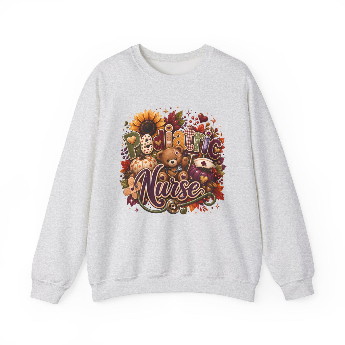 Pediatric Nurse Fall Crewneck Sweatshirt – Cozy Autumn Teddy Bear & Sunflower Design