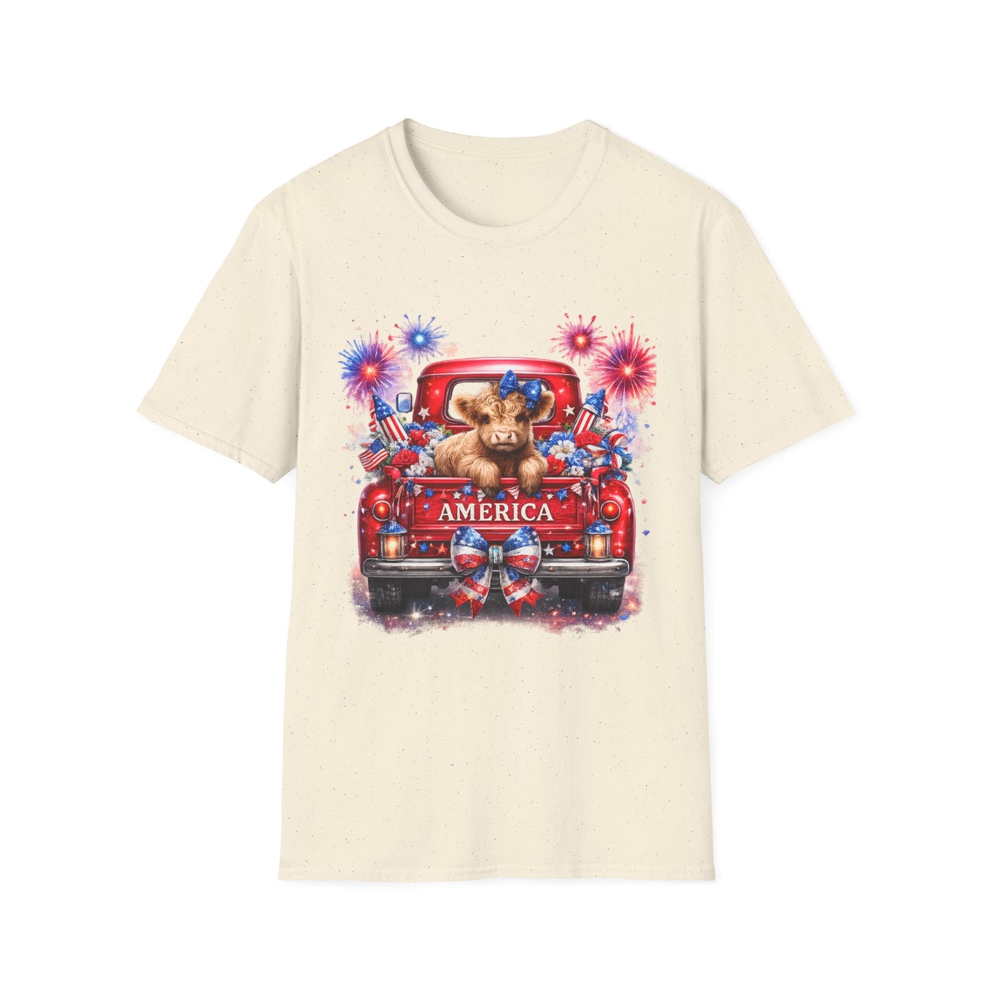 Fourth of July Highland Cow T-Shirt — Cute American Flag Truck Patriotic Tee