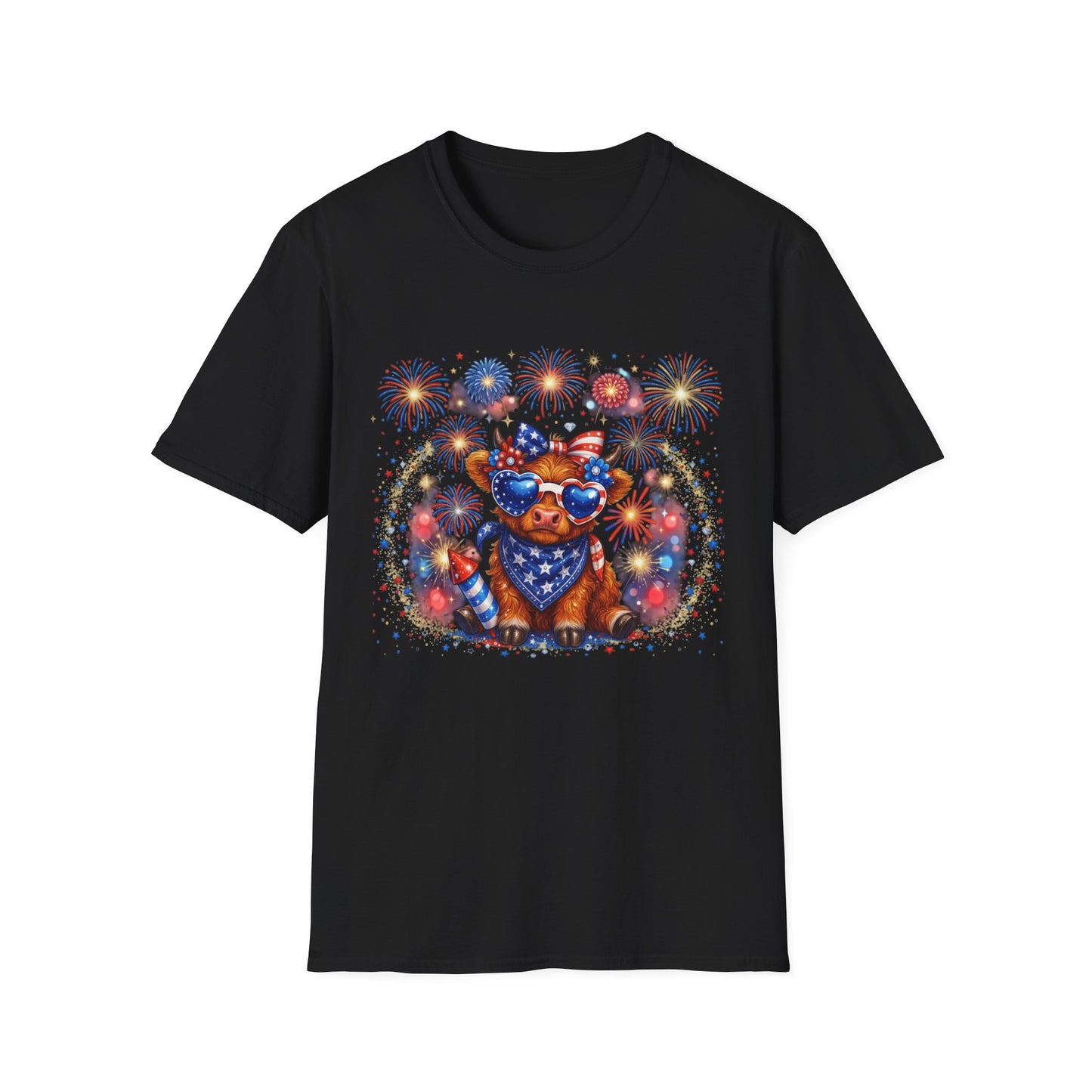 Cow Cute Fourth of July T-Shirt — Patriotic Cow with Stars, Bandana & Fireworks