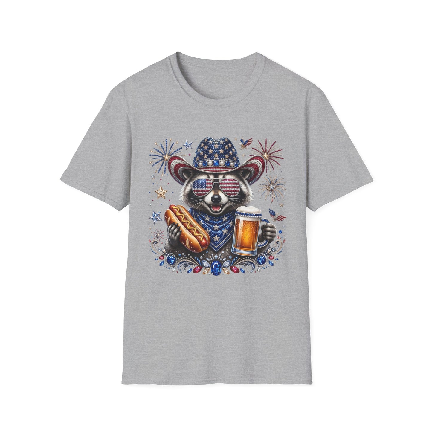 Raccoon Patriotic T-Shirt — USA Flag Hat & Sunglasses Fourth of July Tee