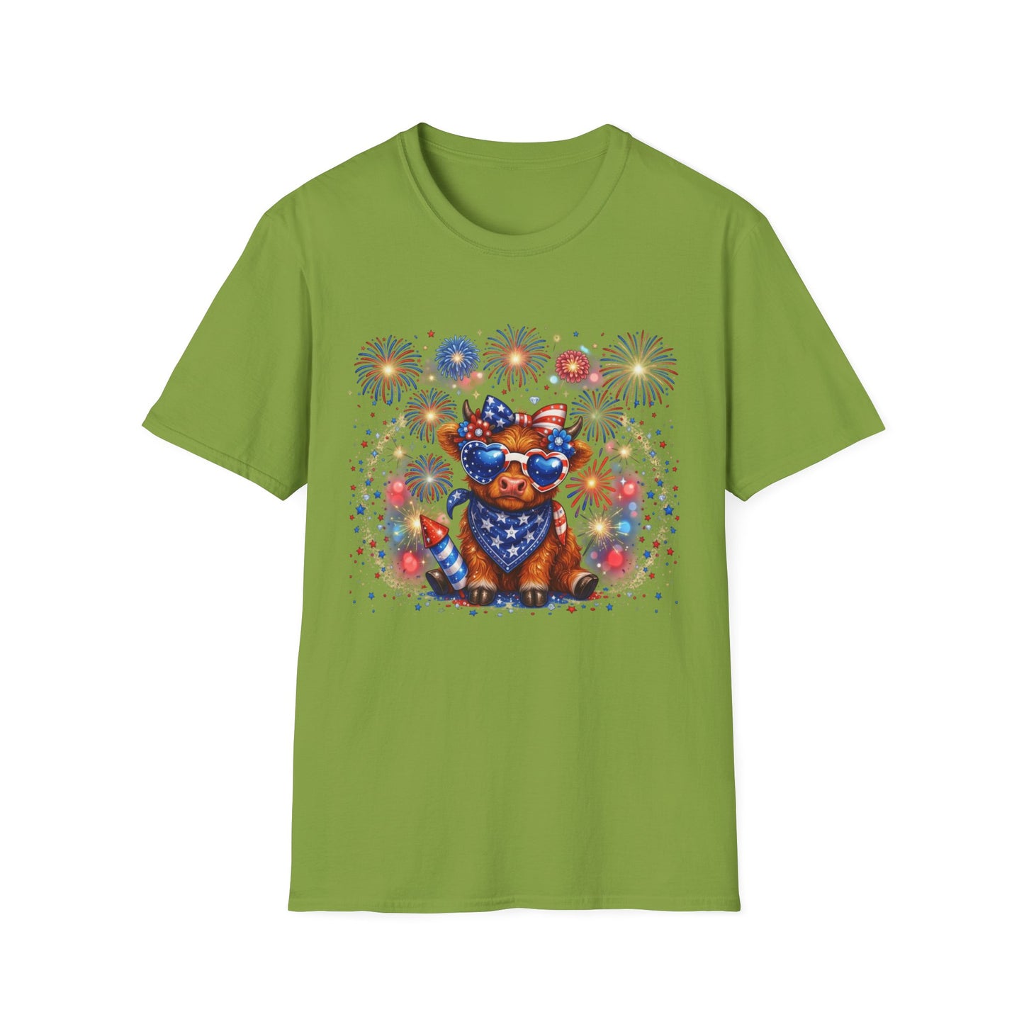 Cow Cute Fourth of July T-Shirt — Patriotic Cow with Stars, Bandana & Fireworks